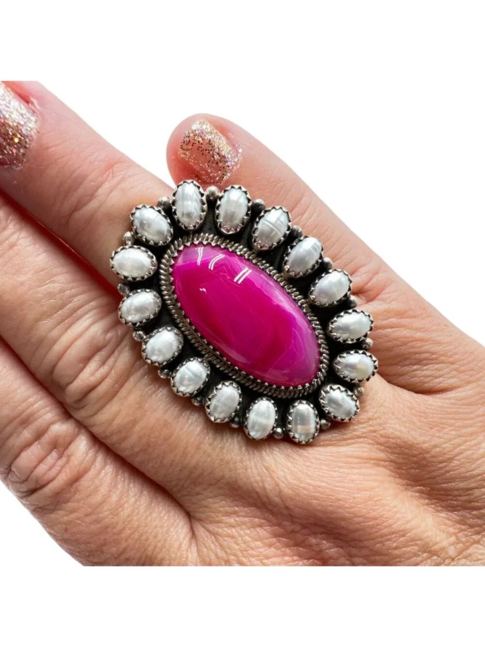 Pearl Pink Agate Ring Sterling Silver Statement Ring Size Adjustable